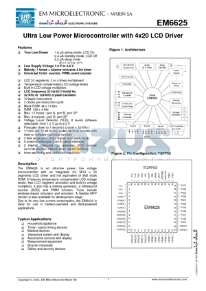 EM6625WP11 datasheet - Ultra Low Power Microcontroller with 4x20 LCD Driver