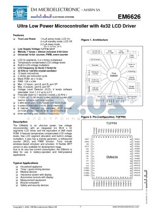 EM6626 datasheet - Ultra Low Power Microcontroller with 4x32 LCD Driver