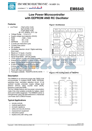 EM6640 datasheet - Low Power Microcontroller with EEPROM AND RC Oscillator