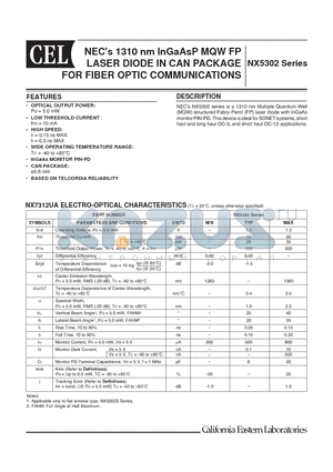 NX5302SH datasheet - 1310 nm InGaAsP MQW FP LASER DIODE IN CAN PACKAGE FOR FIBER OPTIC COMMUNICATIONS