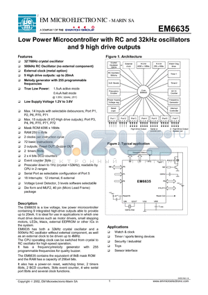 EM6635 datasheet - Low Power Microcontroller with RC and 32kHz oscillators and 9 high drive outputs
