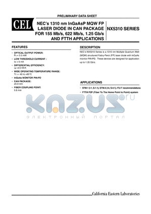 NX5310 datasheet - NECs 1310 nm InGaAsP MQW FP LASER DIODE IN CAN PACKAGE FOR 155 Mb/s, 622 Mb/s, 1.25 Gb/S AND FTTH APPLICATIONS