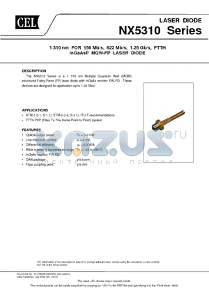 NX5310EK-AZ datasheet - 1 310 nm FOR 156 Mb/s, 622 Mb/s, 1.25 Gb/s, FTTH InGaAsP MQW-FP LASER DIODE