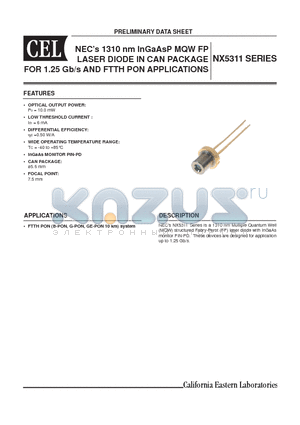 NX5311 datasheet - 1310 nm InGaAsP MQW FP LASER DIODE IN CAN PACKAGE FOR 1.25 Gb/s AND FTTH PON APPLICATIONS