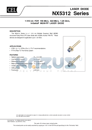 NX5312 datasheet - 1 310 nm FOR 156 Mb/s, 622 Mb/s, 1.25 Gb/s, InGaAsP MQW-FP LASER DIODE