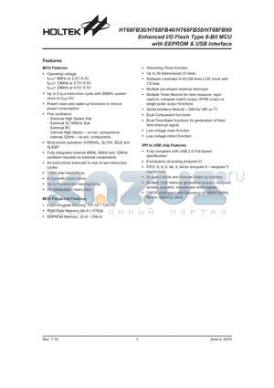 HT68FB40 datasheet - Enhanced I/O Flash Type 8-Bit MCU with EEPROM & USB Interface