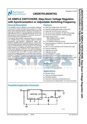 LM22670QMRE-ADJ datasheet - 3A SIMPLE SWITCHER^, Step-Down Voltage Regulator with Synchronization or Adjustable Switching Frequency