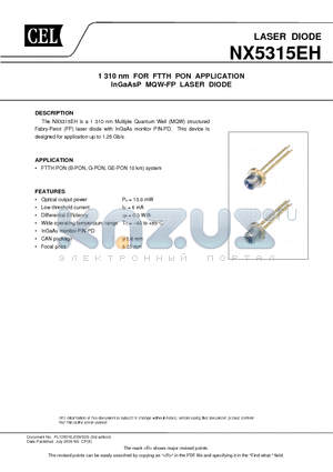 NX5315EH datasheet - 1 310 nm FOR FTTH PON APPLICATION InGaAsP MQW-FP LASER DIODE