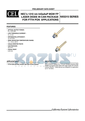 NX5315EH-AZ datasheet - NECs 1310 nm InGaAsP MQW FP LASER DIODE IN CAN PACKAGE FOR FTTH PON APPLICATIONS