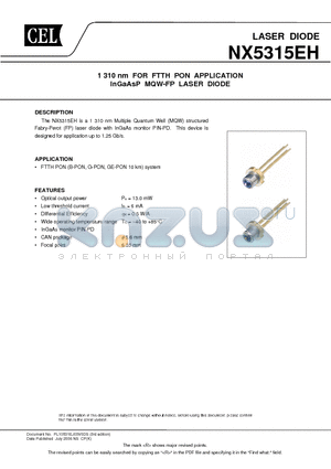 NX5315EH-AZ datasheet - 1 310 nm FOR FTTH PON APPLICATION InGaAsP MQW-FP LASER DIODE