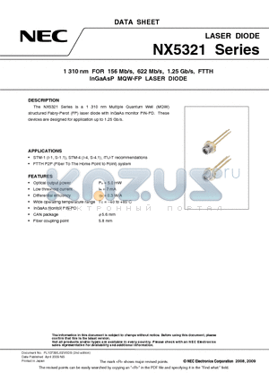 NX5321EH datasheet - 1 310 nm FOR 156 Mb/s, 622 Mb/s, 1.25 Gb/s, FTTH InGaAsP MQW-FP LASER DIODE