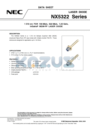 NX5322EH datasheet - 1 310 nm FOR 156 Mb/s, 622 Mb/s, 1.25 Gb/s, InGaAsP MQW-FP LASER DIODE