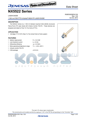 NX5522EH datasheet - LASER DIODE 1 550 nm FOR FTTH InGaAsP MQW-FP LASER DIODE