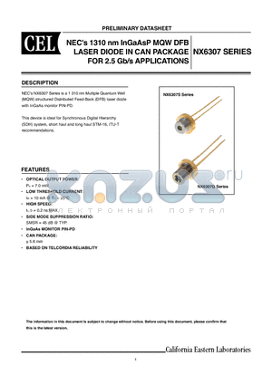 NX6307 datasheet - 1310 nm InGaAsP MQW DFB LASER DIODE IN CAN PACKAGE FOR 2.5 Gb/s APPLICATIONS