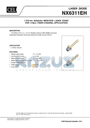 NX6311EH-AZ datasheet - 1 310 nm AlGaInAs MQW-DFB LASER DIODE FOR 4 Gb/s FIBER CHANNEL APPLICATION