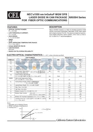 NX6504 datasheet - 1550 nm InGaAsP MQW DFB LASER DIODE IN CAN PACKAGE FOR FIBER OPTIC COMMUNICATIONS