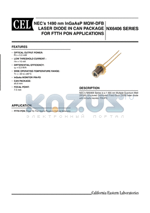 NX6406GH-AZ datasheet - NECs 1490 nm InGaAsP MQW-DFB LASER DIODE IN CAN PACKAGE FOR FTTH PON APPLICATIONS