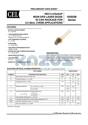 NX6508-AZ datasheet - NECs InGaAsP MQW-DFB LASER DIODE IN CAN PACKAGE FOR 2.5 Gb/s, CWDM APPLICATIONS