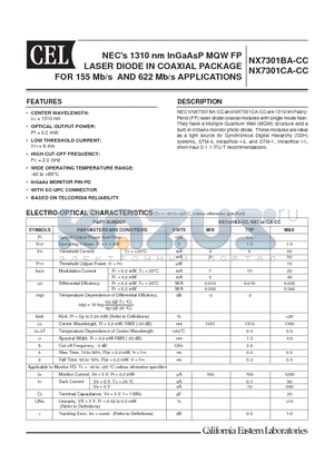 NX7301BA-CC datasheet - NECs 1310 nm InGaAsP MQW FP LASER DIODE IN COAXIAL PACKAGE FOR 155 Mb/s AND 622 Mb/s APPLICATIONS