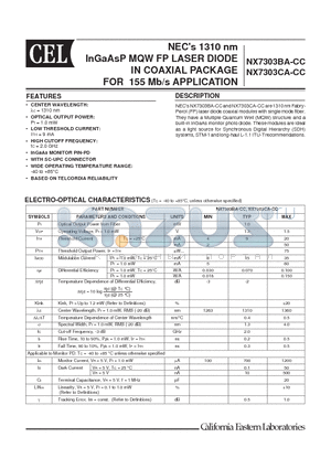 NX7303BA-CC datasheet - 1310 nm InGaAsP MQW FP LASER DIODE IN COAXIAL PACKAGE FOR 155 Mb/s APPLICATION