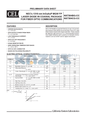 NX7304BG-CC datasheet - 1310 nm InGaAsP MQW FP LASER DIODE IN COAXIAL PACKAGE FOR FIBER OPTIC COMMUNICATIONS