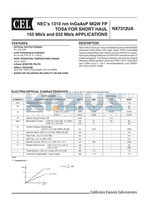 NX7312UA datasheet - NECs 1310 nm InGaAsP MQW FP TOSA FOR SHORT HAUL 155 Mb/s and 622 Mb/s APPLICATIONS