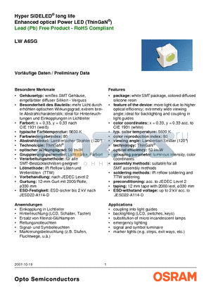 LWA6SG-V1AA-5K8L datasheet - Hyper SIDELED^ long life Enhanced optical Power LED (ThinGaN^)