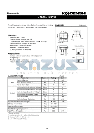 K5631 datasheet - Photocoupler(These Photocouplers consist of two Gallium Arsenide Infrared Emitting)