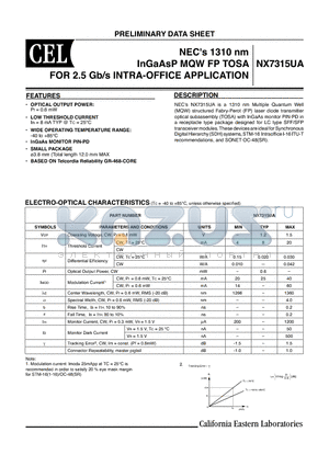 NX7315UA-AZ datasheet - NECs 1310 nm InGaAsP MQW FP TOSA FOR 2.5 Gb/s INTRA-OFFICE APPLICATION