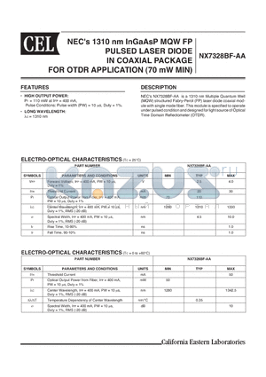 NX7328BF-AA-AZ datasheet - NECs 1310 nm InGaAsP MQW FP PULSED LASER DIODE IN COAXIAL PACKAGE FOR OTDR APPLICATION (70mW MIN)