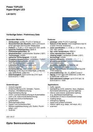 LWE67C-U1V2-1 datasheet - Power TOPLED Hyper-Bright LED