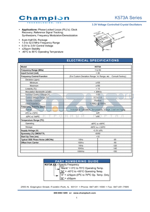 K573A datasheet - 3.3V Voltage Controlled Crystal Oscillators