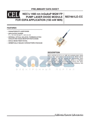 NX7461LE-CC datasheet - 1480 nm InGaAsP MQW FP PUMP LASER DIODE MODULE FOR EDFA APPLICATION (150 mW MIN)