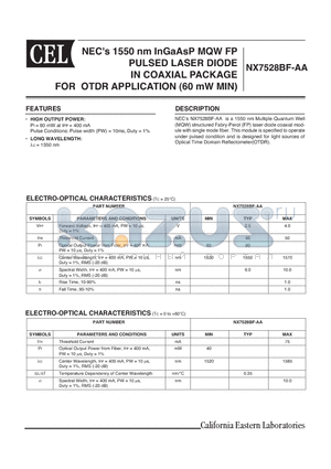 NX7528BF-AA-AZ datasheet - NECs 1550 nm InGaAsP MQW FP PULSED LASER DIODE IN COAXIAL PACKAGE FOR OTDR APPLICATION (60 mW MIN)