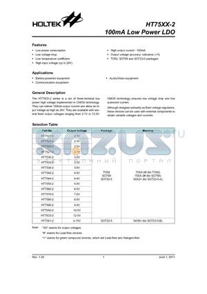 HT7527-2 datasheet - 100mA Low Power LDO