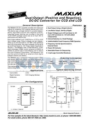 MAX685 datasheet - Dual-Output Positive and Negative, DC-DC Converter for CCD and LCD