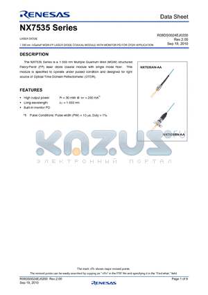 NX7535BN-AA datasheet - LASER DIODE 1 550 nm InGaAsP MQW-FP LASER DIODE COAXIAL MODULE WITH MONITOR PD FOR OTDR APPLICATION