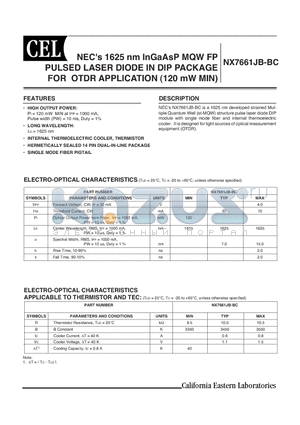 NX7661JB-BC-AZ datasheet - NECs 1625 nm InGaAsP MQW FP PULSED LASER DIODE IN DIP PACKAGE FOR OTDR APPLICATION (120 mW MIN)