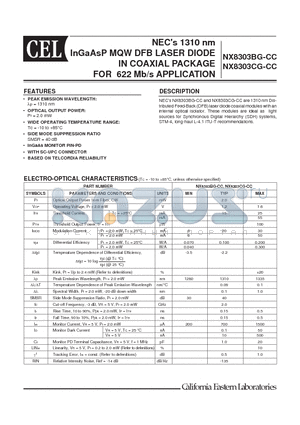 NX8303CG-CC datasheet - NECs 1310 nm InGaAsP MQW DFB LASER DIODE IN COAXIAL PACKAGE FOR 622 Mb/s APPLICATION