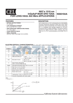 NX8310UA datasheet - NECs 1310 nm InGaAsP MQW DFB TOSA FOR LONG HAUL 622 Mb/s APPLICATIONS