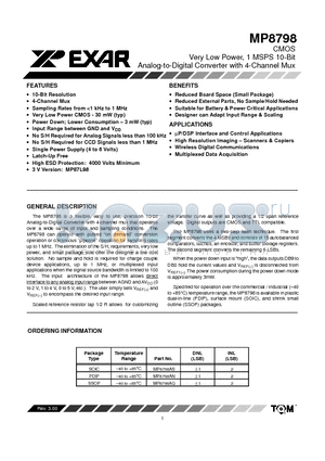 MP8798AN datasheet - CMOS Very Low Power, 1 MSPS 10-Bit Analog-to-Digital Converter with 4-Channel Mux