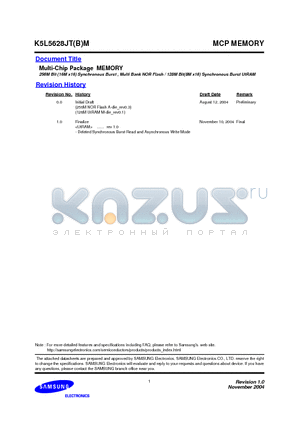 K5L5628JTM-DH18 datasheet - 256M Bit (16M x16) Synchronous Burst , Multi Bank NOR Flash / 128M Bit(8M x16) Synchronous Burst UtRAM