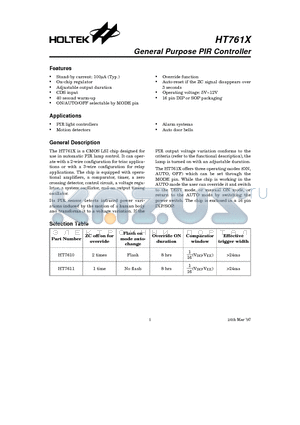 HT7611 datasheet - General Purpose PIR Controller