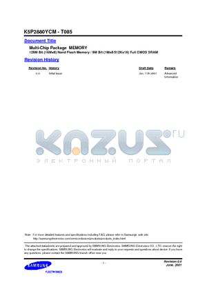 K5P2880YCM datasheet - Multi-Chip Package MEMORY 128M Bit 16Mx8 Nand Flash Memory / 8M Bit 1Mx8/512Kx16 Full CMOS SRAM