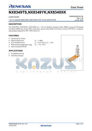 NX8349YK datasheet - LASER DIODE 1 310 nm AlGaInAs MQW-DFB LASER DIODE FOR 10 Gb/s APPLICATION