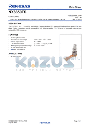 NX8350TS datasheet - LASER DIODE 1 271 to 1 331 nm AlGaInAs MQW-DFB LASER DIODE FOR 40 G BASE-LR4 APPLICATION