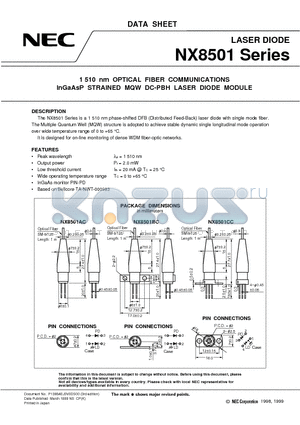 NX8501AG-BA datasheet - 1 510 nm OPTICAL FIBER COMMUNICATIONS InGaAsP STRAINED MQW DC-PBH LASER DIODE MODULE