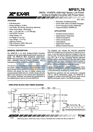 MP87L76AS datasheet - CMOS, 10MSPS, 8-BIT HIGH SPEED, LOW POWER ANALOG-TO-DIGITAL CONVERTER WITH POWER DOWN