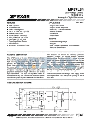 MP87L84 datasheet - LOW VOLTAGE CMOS 10-BIT 2 MHz ANALOG-TO-DIGITAL CONVERTER