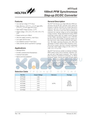 HT7722S datasheet - 100mA PFM Synchronous Step-up DC/DC Converter